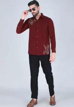Hand Embroidered Polyester Shirt in Maroon