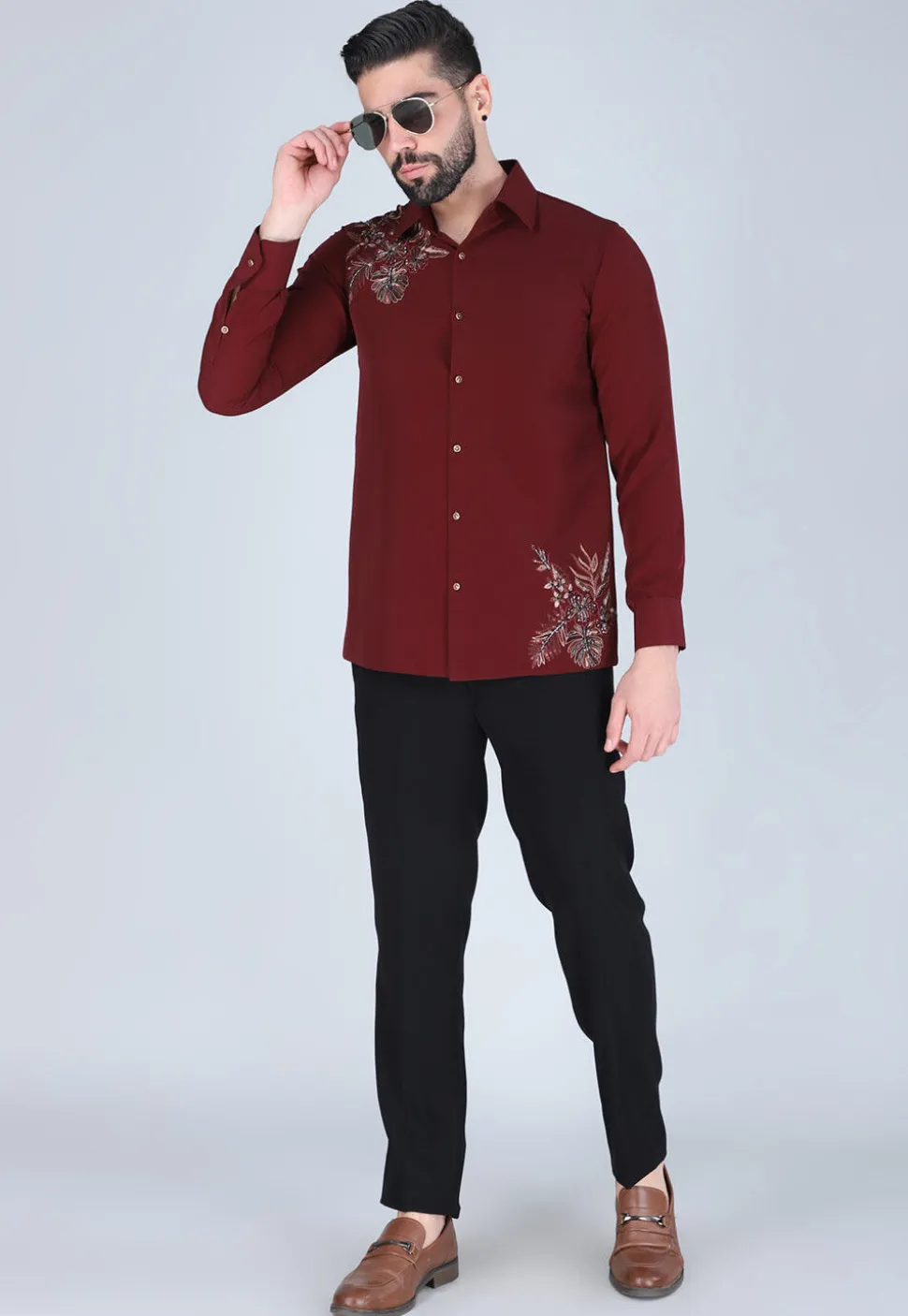 Hand Embroidered Polyester Shirt in Maroon