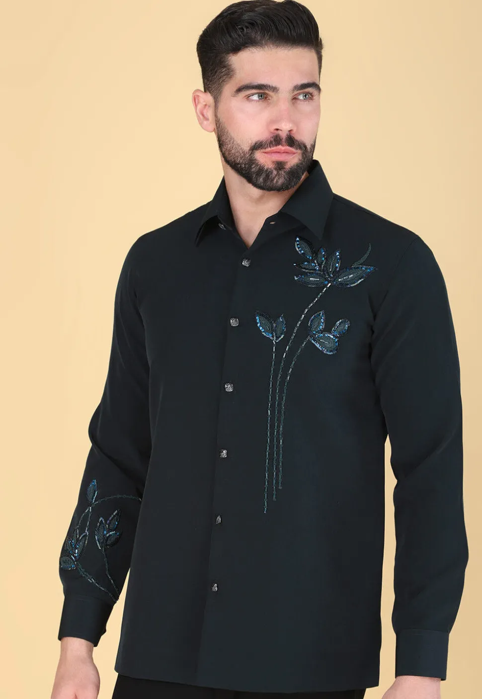 Hand Embroidered Polyester Shirt in Dark Green