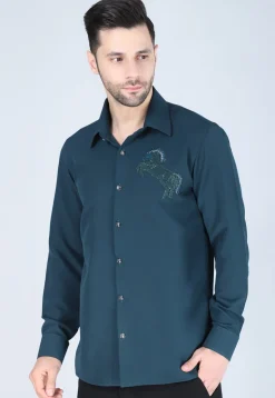 Hand Embroidered Polyester Shirt in Teal Blue