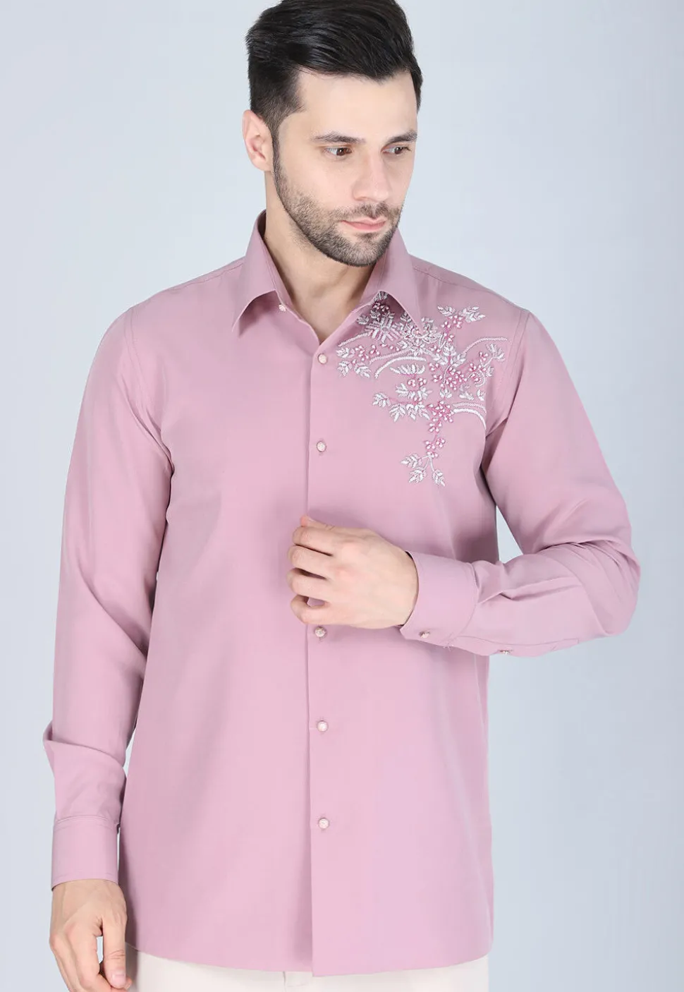 Hand Embroidered Polyester Shirt in Pink