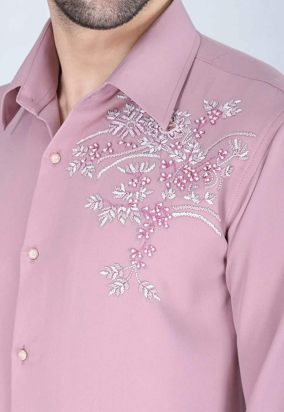 Hand Embroidered Polyester Shirt in Pink