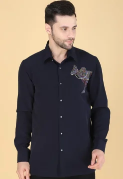 Hand Embroidered Polyester Shirt in Navy Blue
