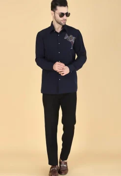 Hand Embroidered Polyester Shirt in Navy Blue