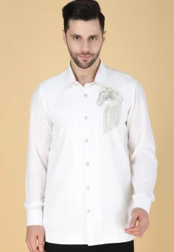 Hand Embroidered Polyester Shirt in White