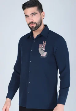 Hand Embroidered Polyester Shirt in Navy Blue