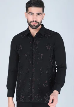 Hand Embroidered Polyester Shirt in Black