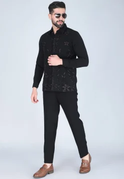 Hand Embroidered Polyester Shirt in Black