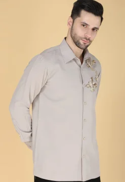 Hand Embroidered Polyester Shirt in Light Grey