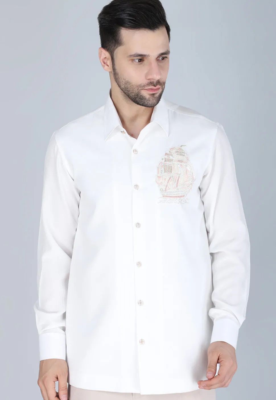 Hand Embroidered Polyester Shirt in White