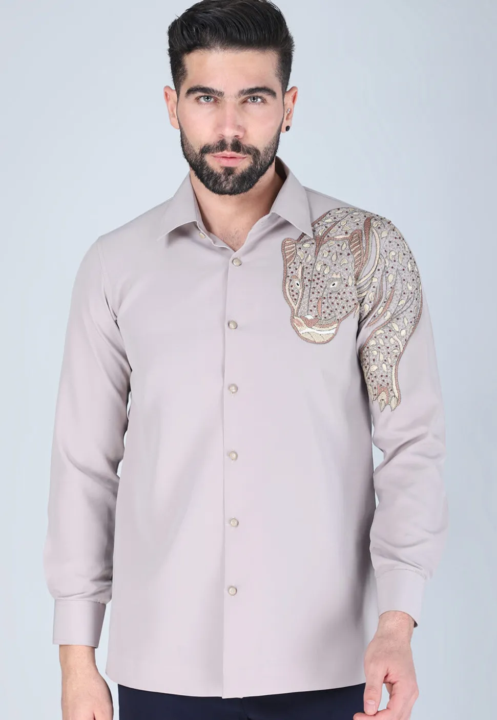 Hand Embroidered Polyester Shirt in Light Purple