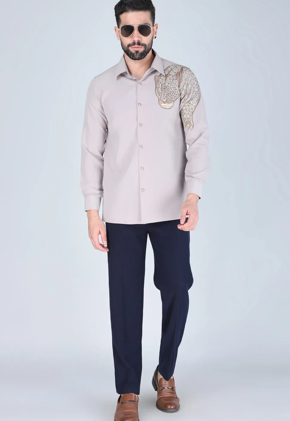 Hand Embroidered Polyester Shirt in Light Purple