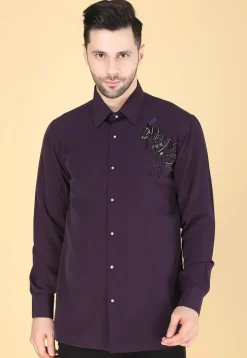 Hand Embroidered Polyester Shirt in Violet