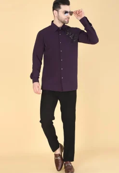 Hand Embroidered Polyester Shirt in Violet