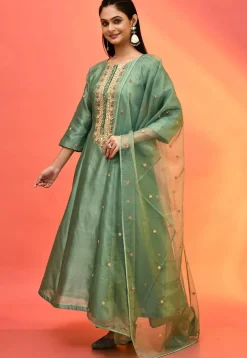 Hand Embroidered Pure Chanderi Silk Anarkali Suit in Olive Green
