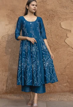 Hand Embroidered Pure Chanderi Silk Anarkali Suit in Dark Teal Blue