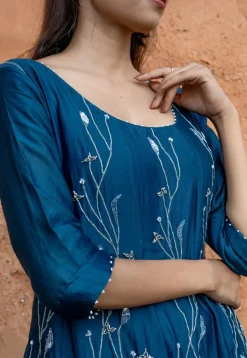 Hand Embroidered Pure Chanderi Silk Anarkali Suit in Dark Teal Blue