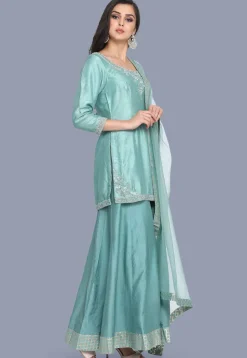Hand Embroidered Pure Chanderi Silk Pakistani Suit in Light Blue