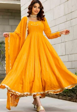 Hand Embroidered Pure Chanderi Silk Jacquard Anarkali Suit in Mustard