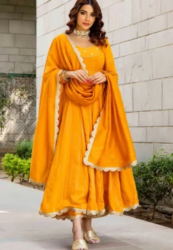 Hand Embroidered Pure Chanderi Silk Jacquard Anarkali Suit in Mustard