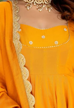 Hand Embroidered Pure Chanderi Silk Jacquard Anarkali Suit in Mustard