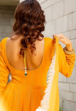 Hand Embroidered Pure Chanderi Silk Jacquard Anarkali Suit in Mustard