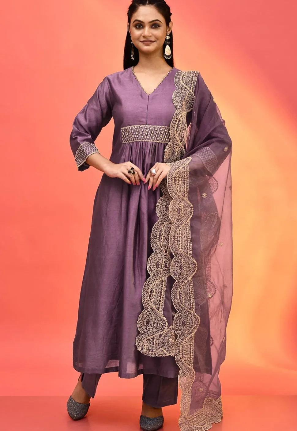 Hand Embroidered Pure Chanderi Silk Pakistani Suit in Purple