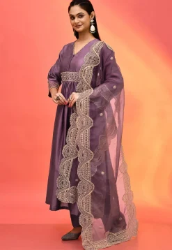Hand Embroidered Pure Chanderi Silk Pakistani Suit in Purple