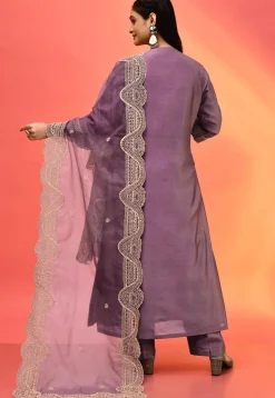 Hand Embroidered Pure Chanderi Silk Pakistani Suit in Purple