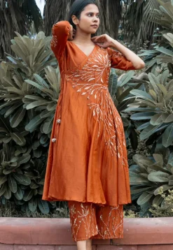 Hand Embroidered Pure Chanderi Silk Aline Suit in Rust