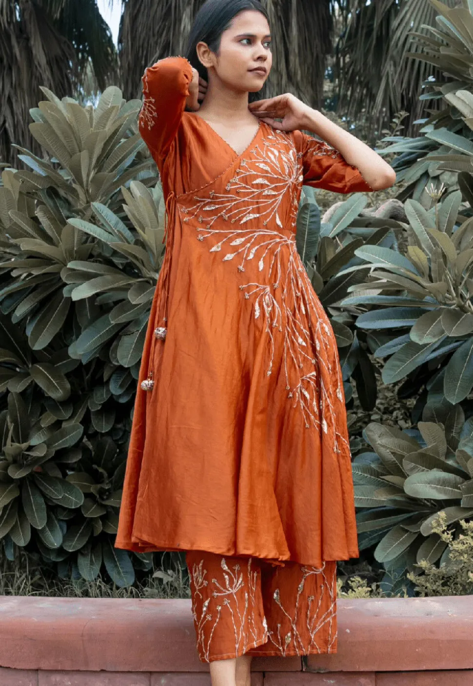 Hand Embroidered Pure Chanderi Silk Aline Suit in Rust