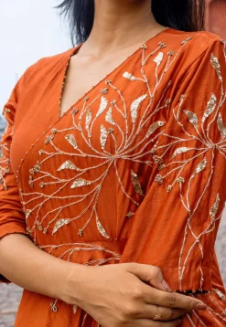 Hand Embroidered Pure Chanderi Silk Aline Suit in Rust