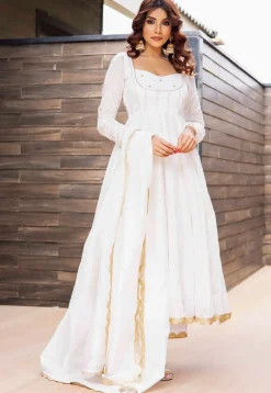 Hand Embroidered Pure Chanderi Silk Jacquard Anarkali Suit in Off White