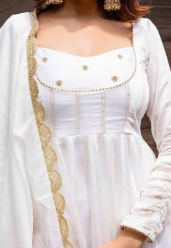 Hand Embroidered Pure Chanderi Silk Jacquard Anarkali Suit in Off White