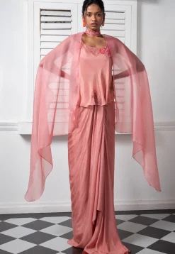 Hand Embroidered Pure Chinon Chiffon Top Set in Pink