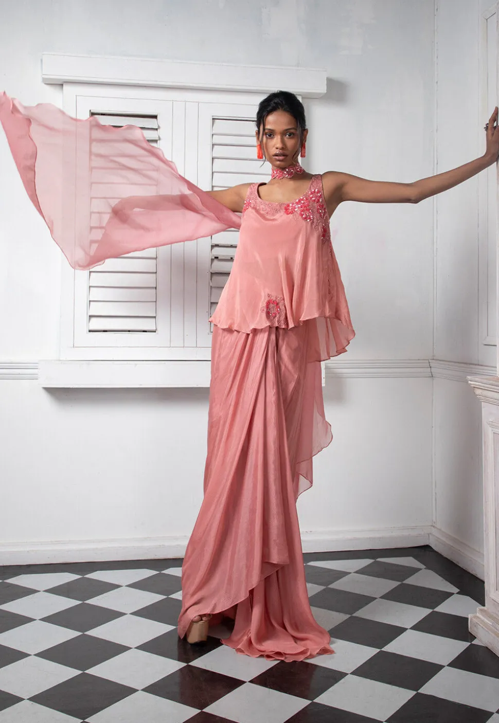 Hand Embroidered Pure Chinon Chiffon Top Set in Pink