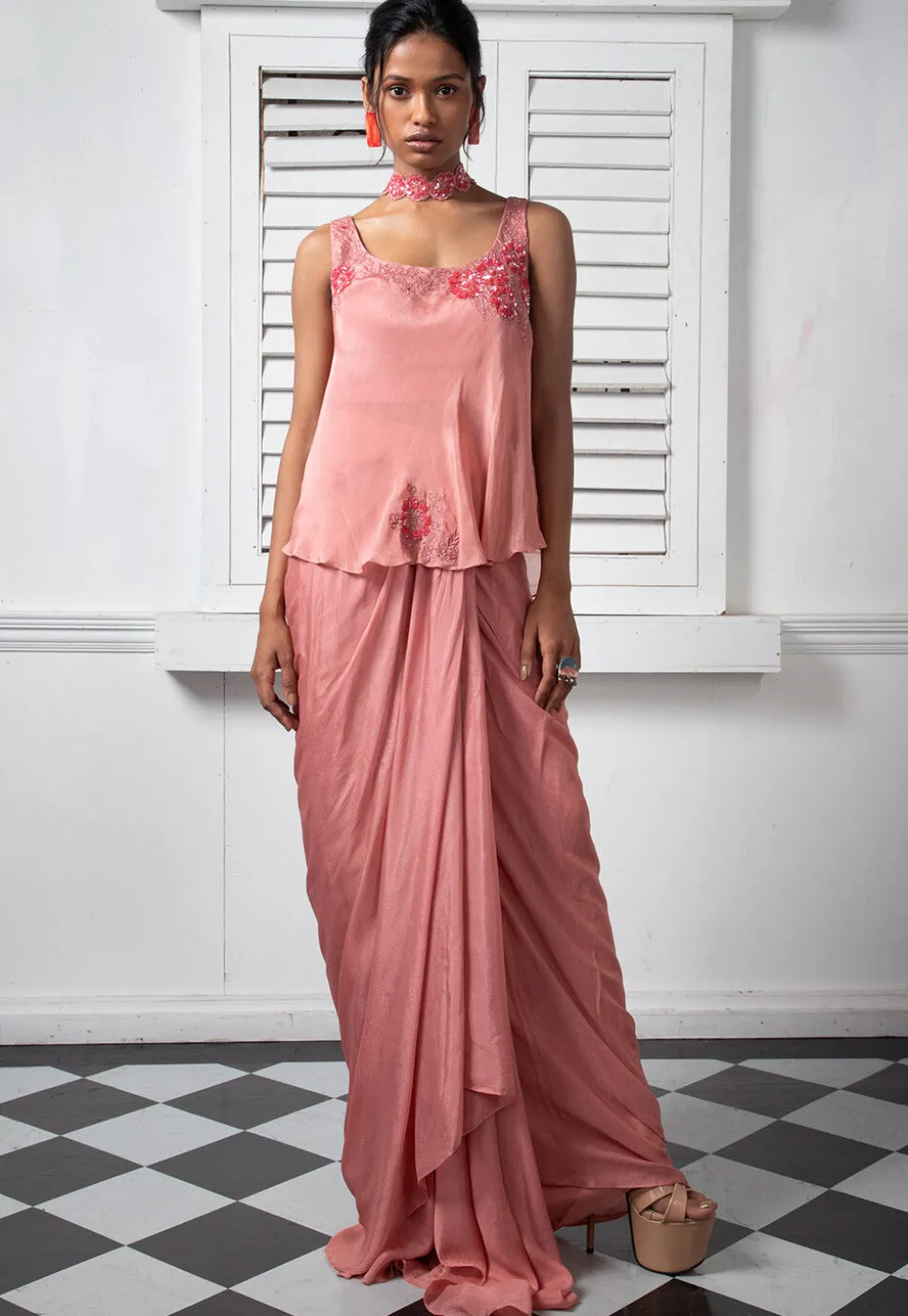 Hand Embroidered Pure Chinon Chiffon Top Set in Pink