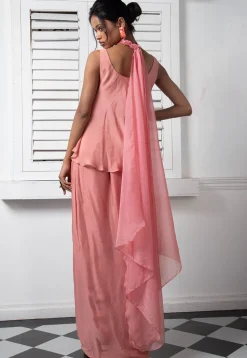 Hand Embroidered Pure Chinon Chiffon Top Set in Pink
