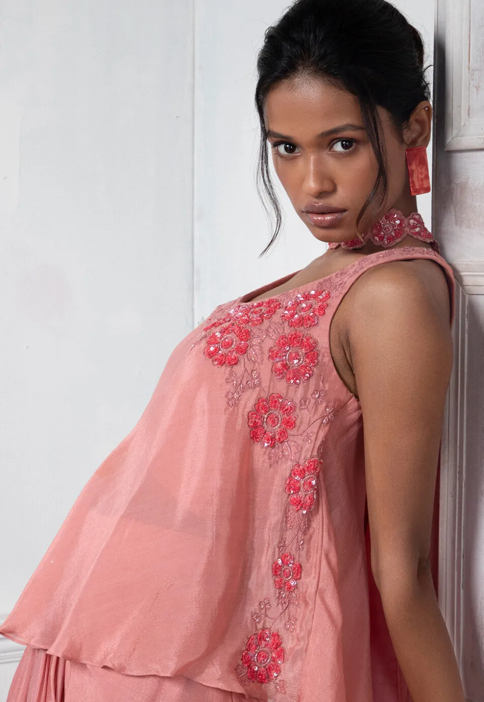 Hand Embroidered Pure Chinon Chiffon Top Set in Pink