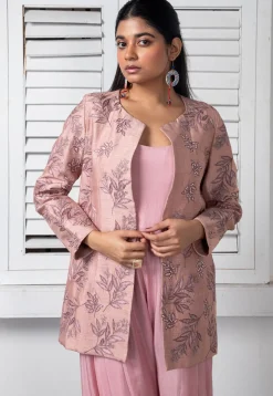 Hand Embroidered Pure Chinon Chiffon Jumpsuit in Light Pink