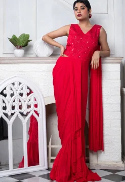 Hand Embroidered Pure Chinon Chiffon Drape Gown in Red