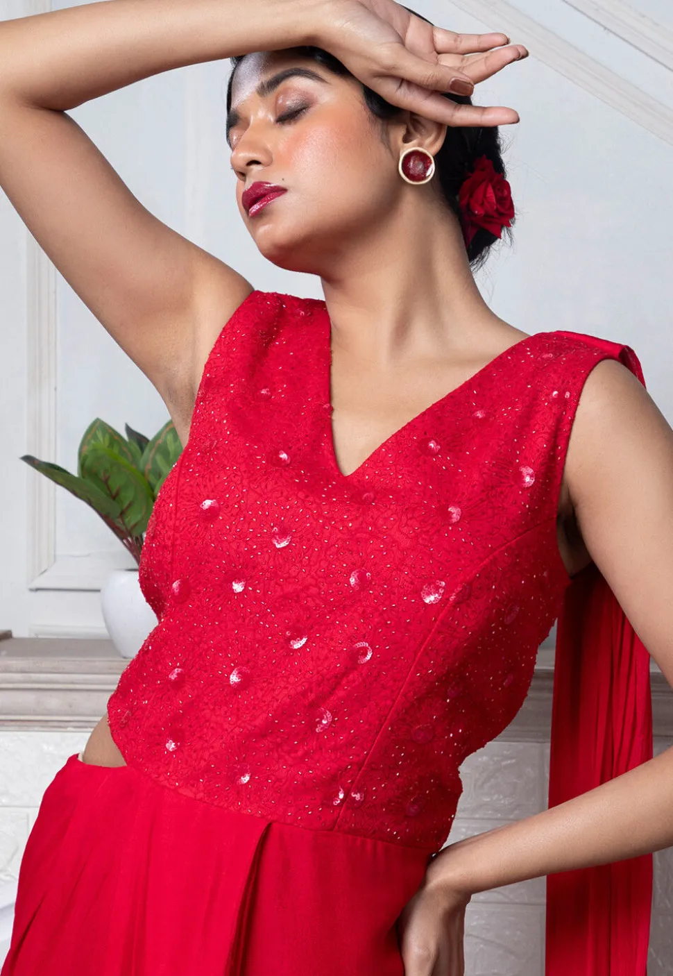 Hand Embroidered Pure Chinon Chiffon Drape Gown in Red