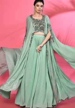 Hand Embroidered Pure Crepe High Low Crop Top Set in Sea Green