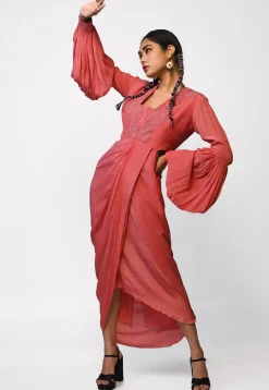 Hand Embroidered Pure Crepe Cowl Dress in Peach
