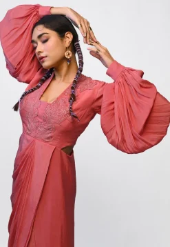 Hand Embroidered Pure Crepe Cowl Dress in Peach