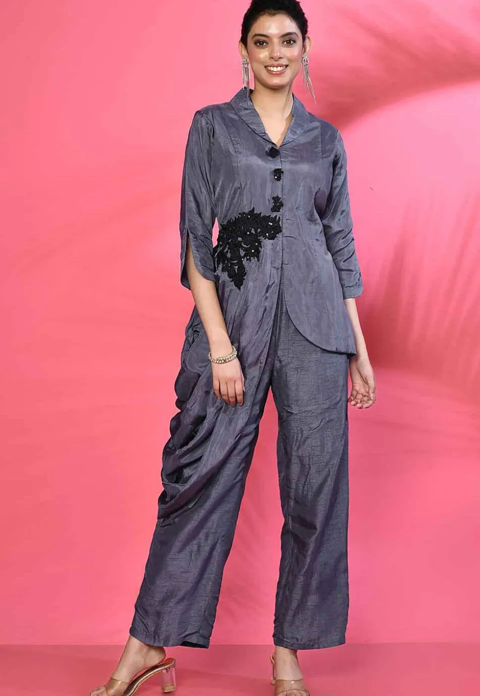 Hand Embroidered Pure Crepe Silk Asymmetric Tunic Set in Grey