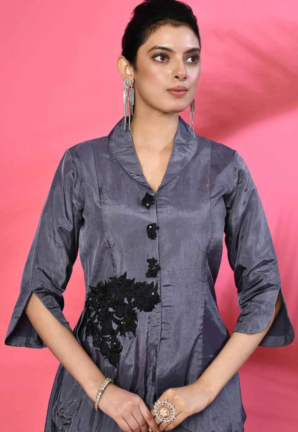 Hand Embroidered Pure Crepe Silk Asymmetric Tunic Set in Grey