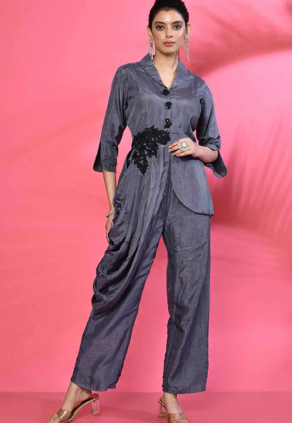 Hand Embroidered Pure Crepe Silk Asymmetric Tunic Set in Grey