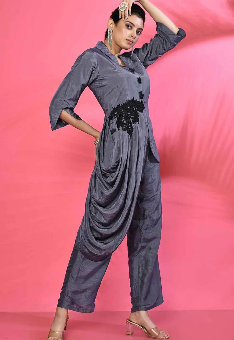 Hand Embroidered Pure Crepe Silk Asymmetric Tunic Set in Grey