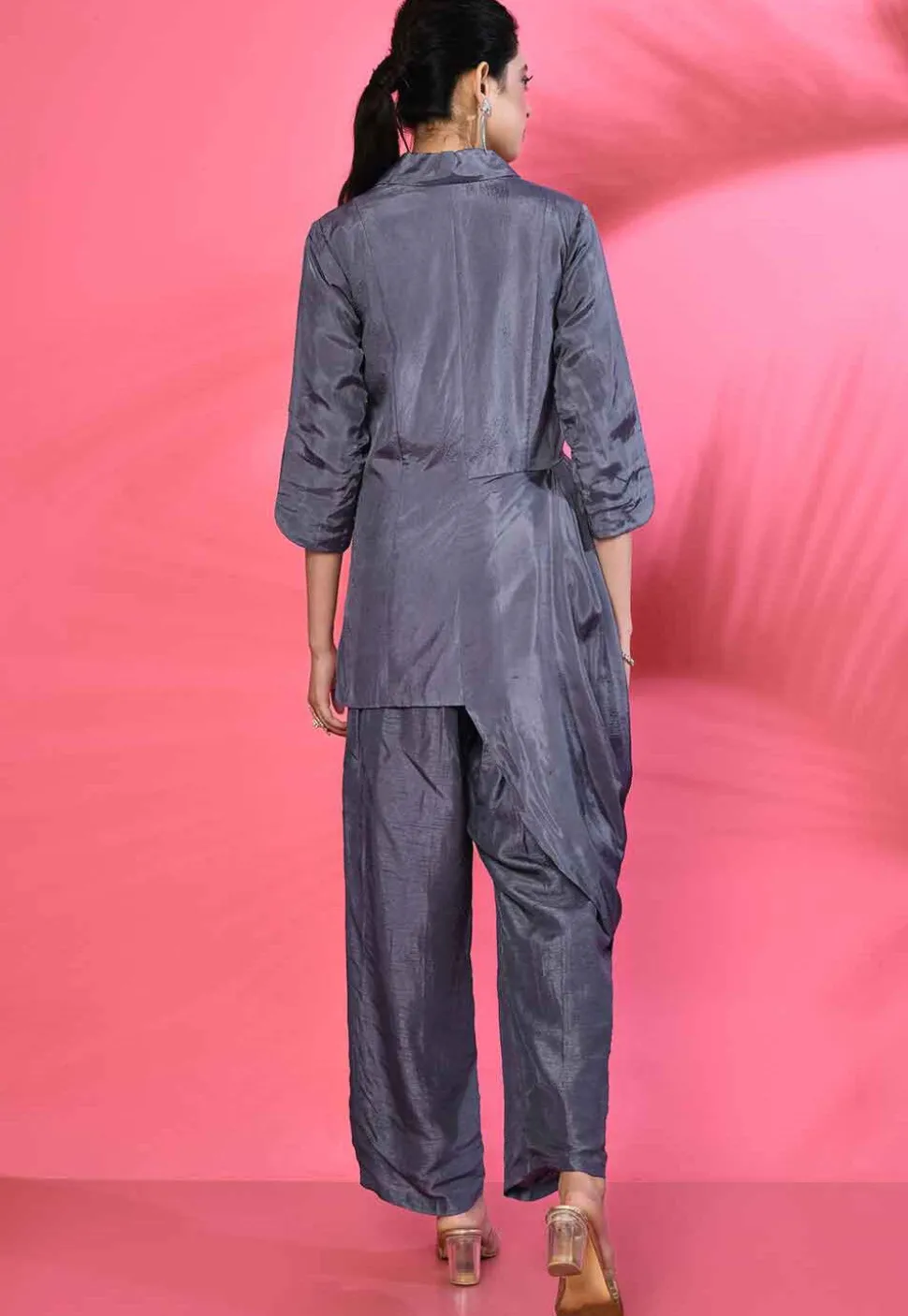 Hand Embroidered Pure Crepe Silk Asymmetric Tunic Set in Grey